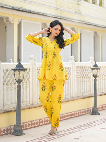 Sunflower Yellow Gold Block Print Co-ord Set