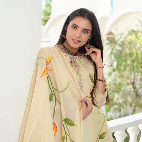 Beige Hand Painted Straight Suit Set