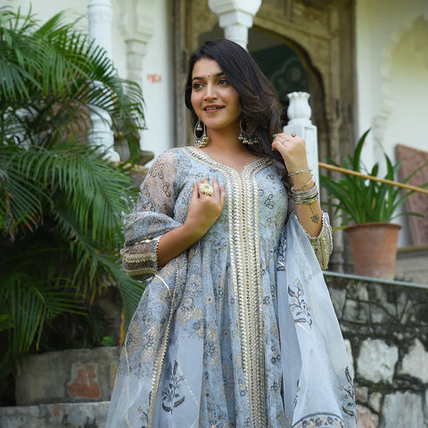 Grey gold Evening Garden organza Anarkali