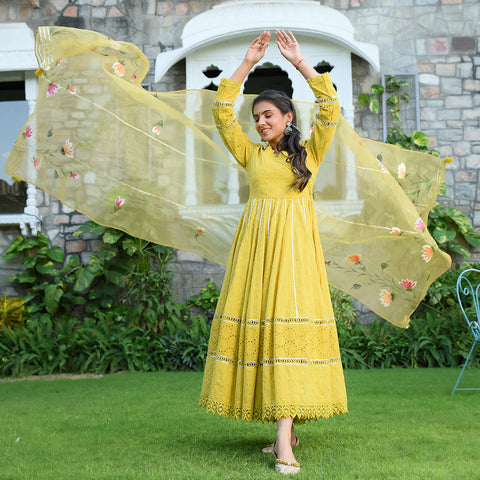Lime Yellow Schiffli Flared suite Set