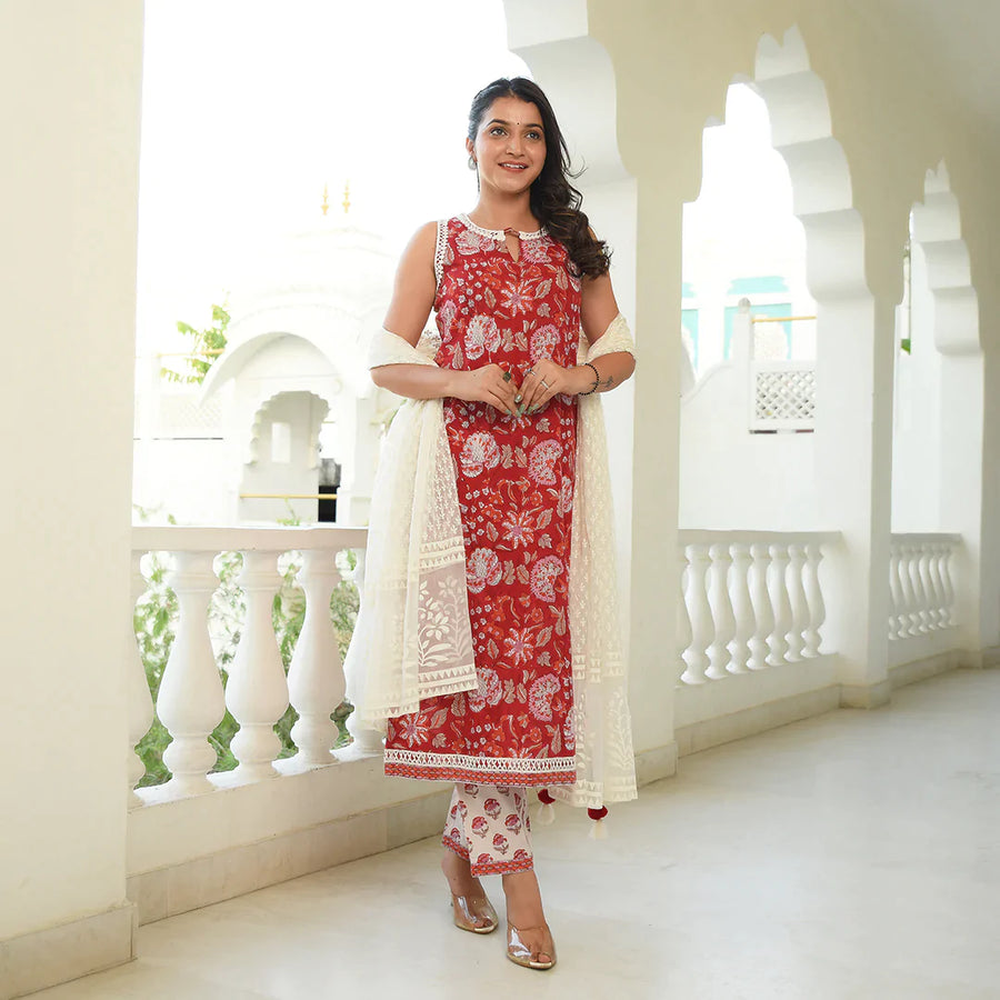 Indian Red White Handblock Stright Suit Set