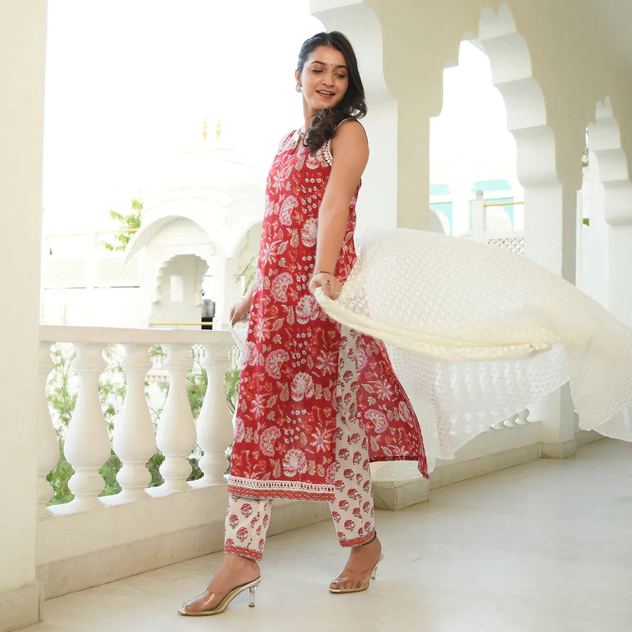Indian Red White Handblock Stright Suit Set