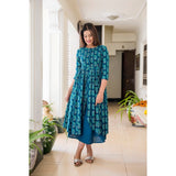 Turquoise Long Slit Block Printed Maxi Dress With Golden Motifs