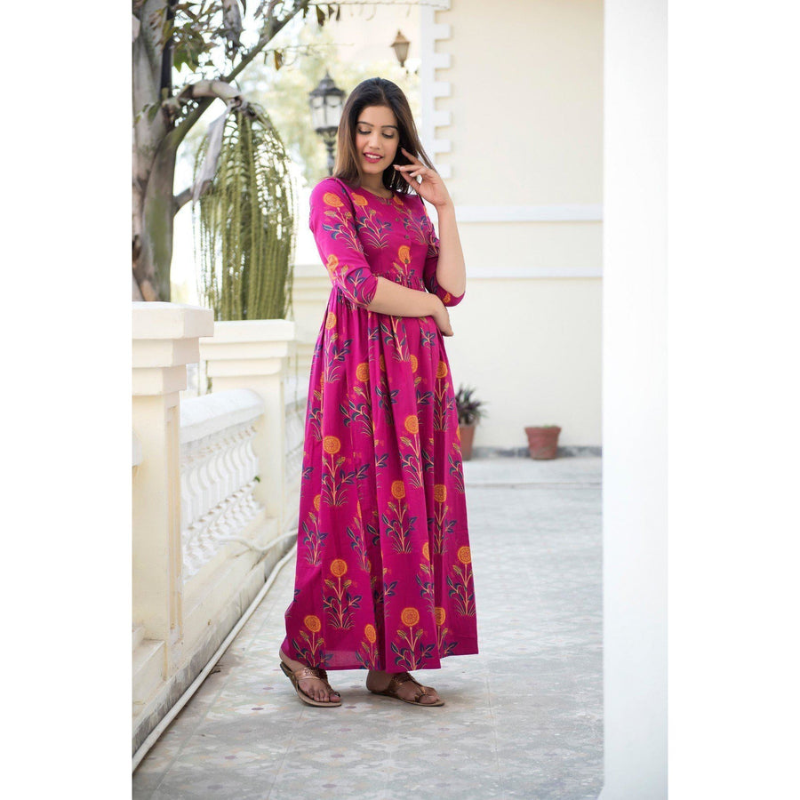 Pink Mughal Butta Hand Block Printed Maxi Dress