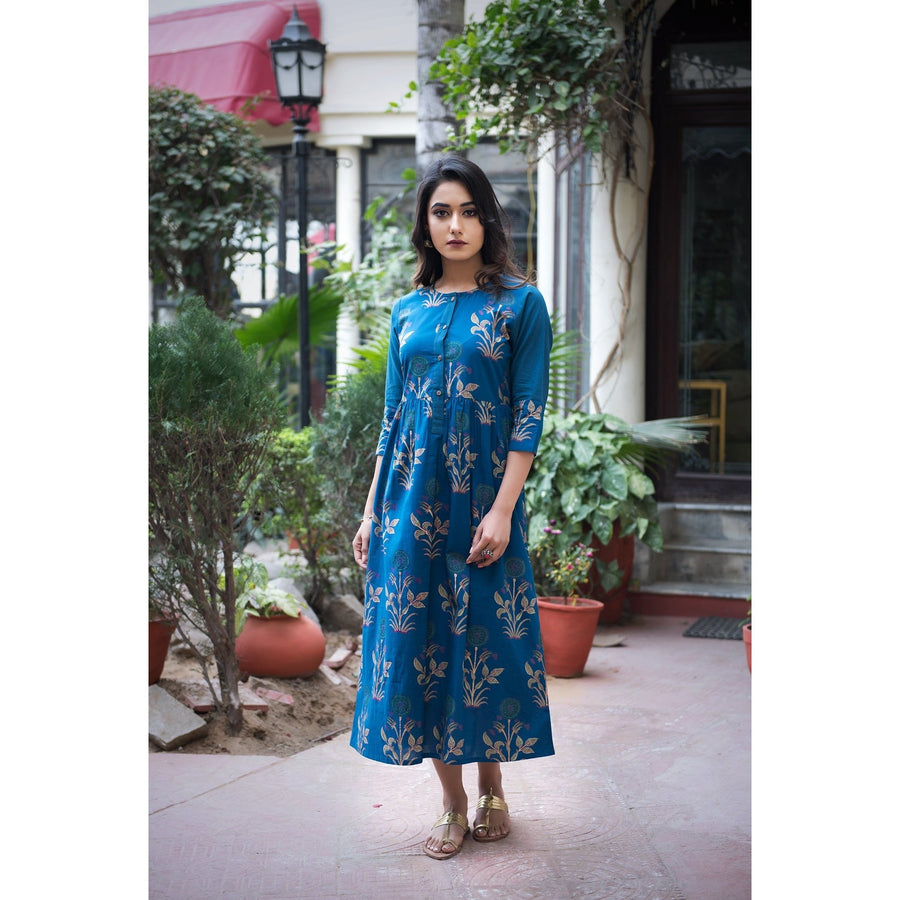 Blue Mughal Butta Block Printed Fusion Dress