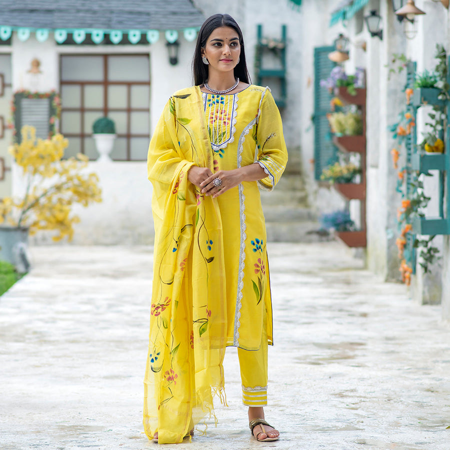 Splash Lemon Yellow Chanderi Crochet Suit
