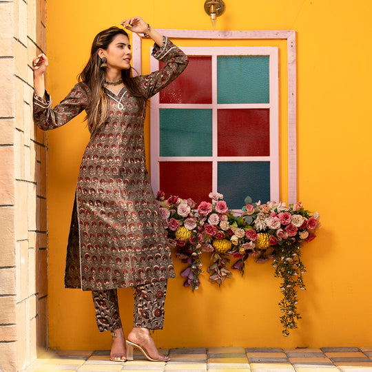 RED GREY DESERT MARYGOLD HANDBLOCK KURTA