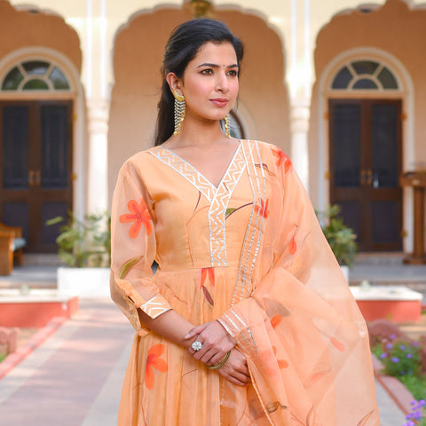 Pastel Orange Pakija Hand Painted Oraganza Anarkali