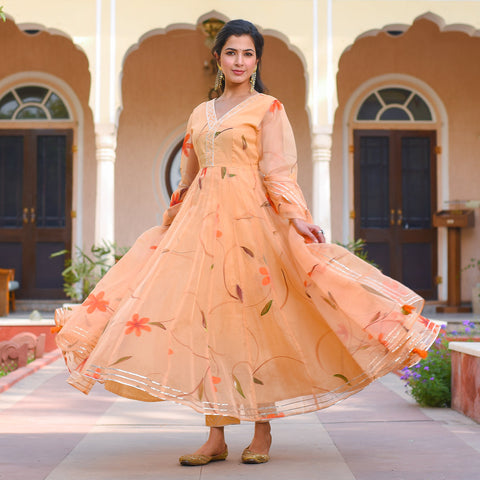 Pastel Orange Pakija Hand Painted Oraganza Anarkali