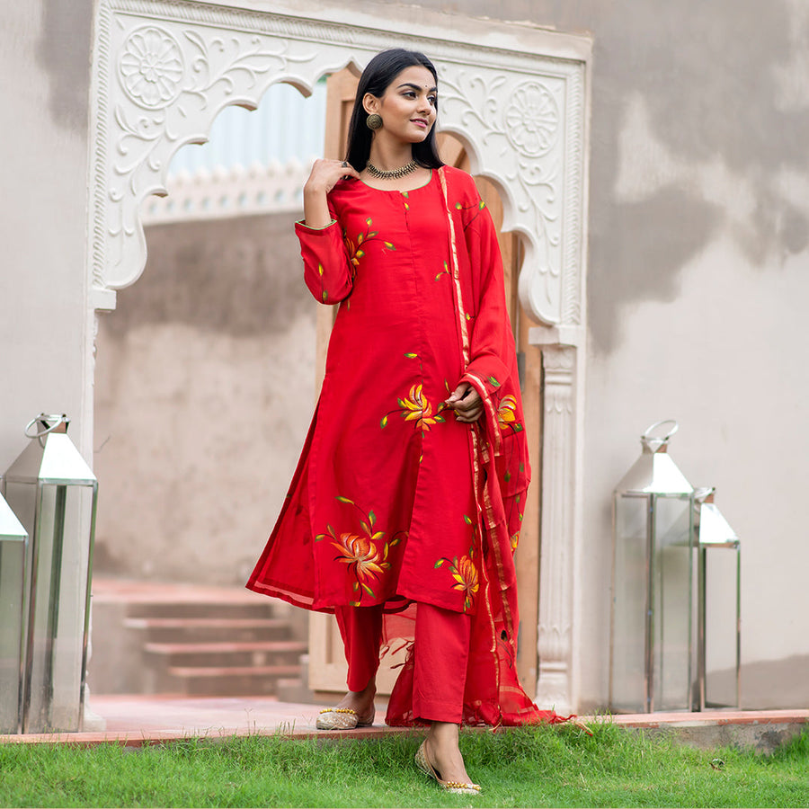 Lotus Hand Art Deep Red Chanderi Suit