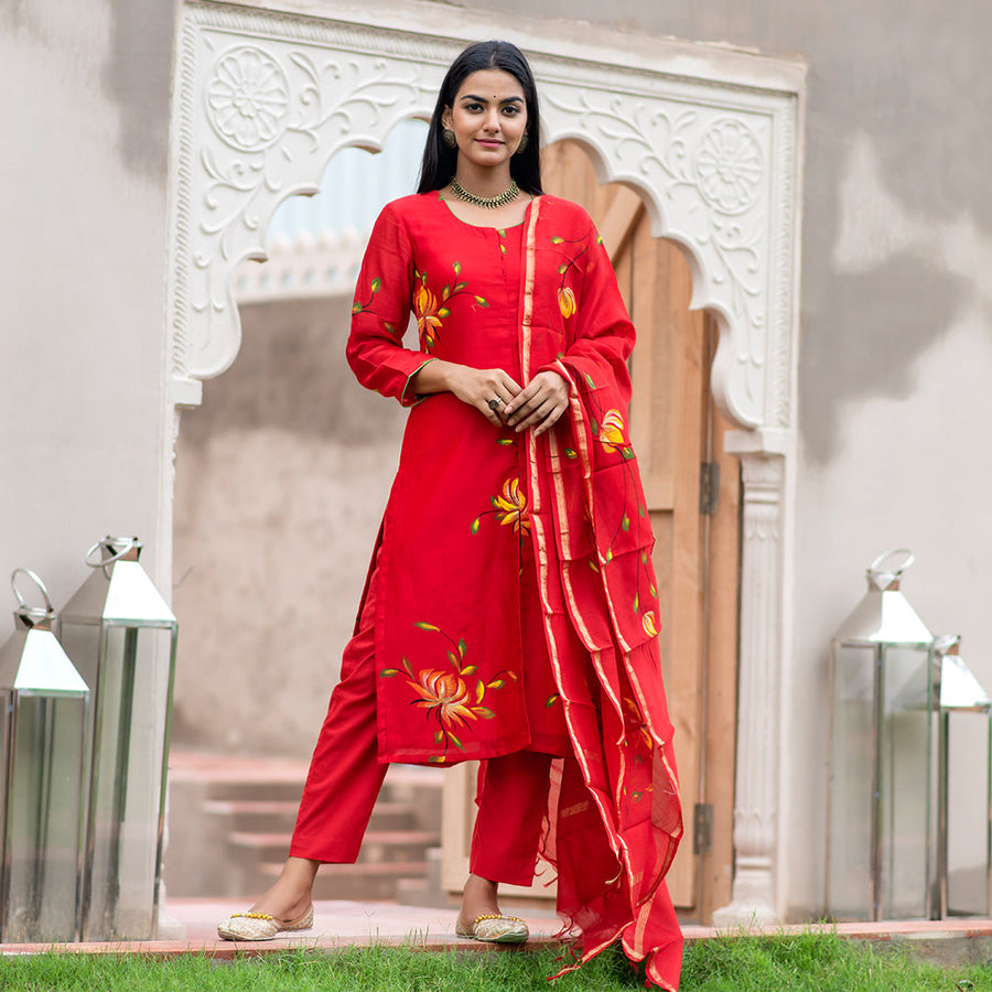 Brick Red Chanderi Silk Embroidered Salwar Suit Material – Rajnandini  Fashion
