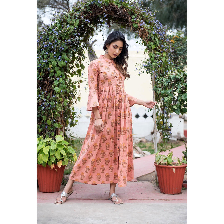 Flared Sleeves Cotton Block Printed Maxi Dress In Peach