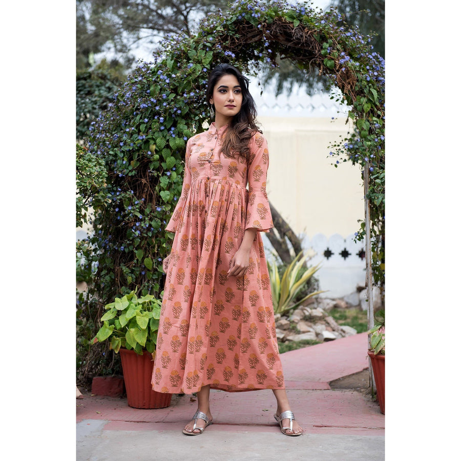 Flared Sleeves Cotton Block Printed Maxi Dress In Peach