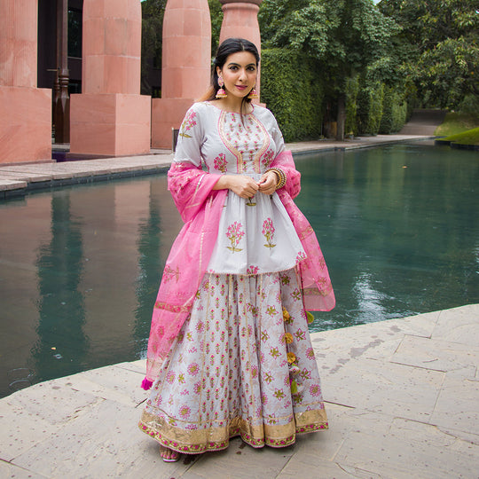 GREY PINK FLORIDANO HANDBLOCK KALIDAR LEHENGA