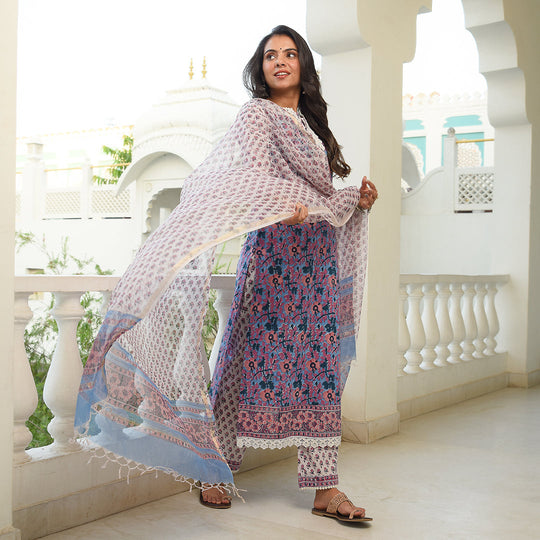 Vintage Blue Jaal Print Crochet Suit Set