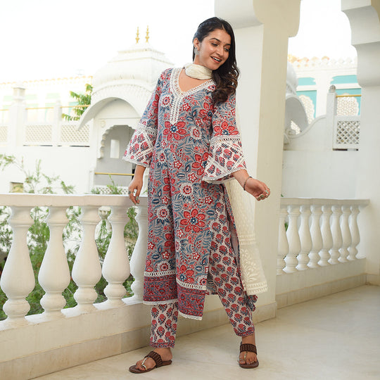 Red Grey Crochet Suit Set