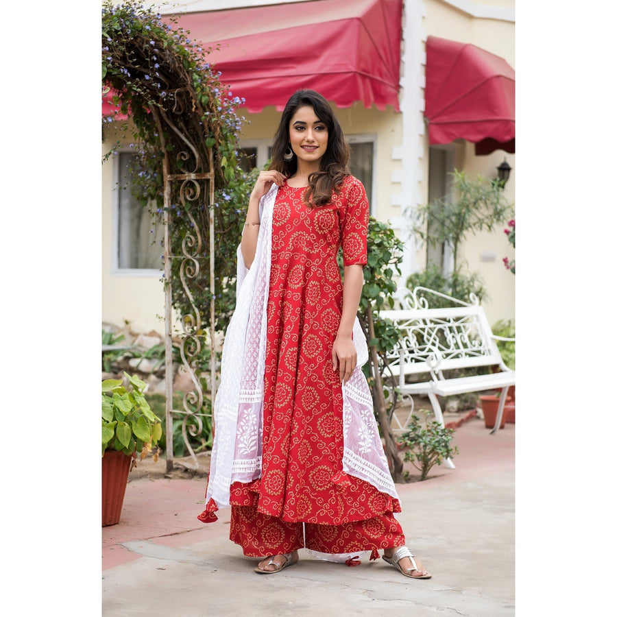 Red Bandhani Suit Set With Dupatta
