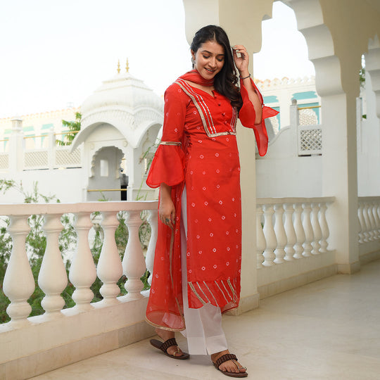 Rangoli Red Bandhani Straight Suit Set