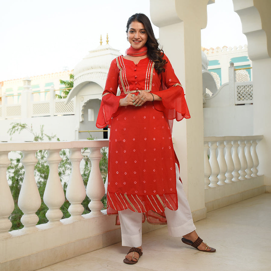 Rangoli Red Bandhani Straight Suit Set