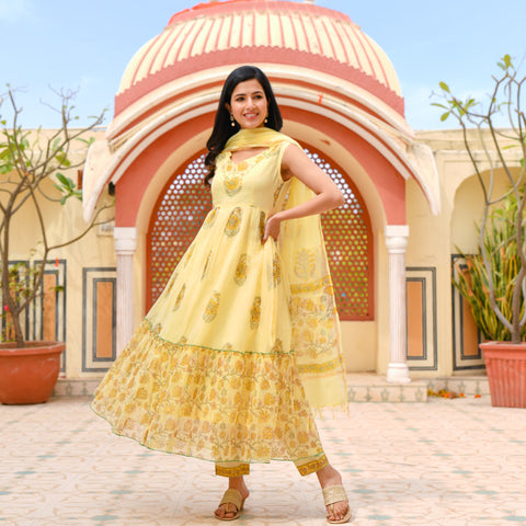 Pale Yellow Flora tiered Suit