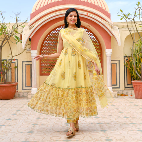 Pale Yellow Flora tiered Suit