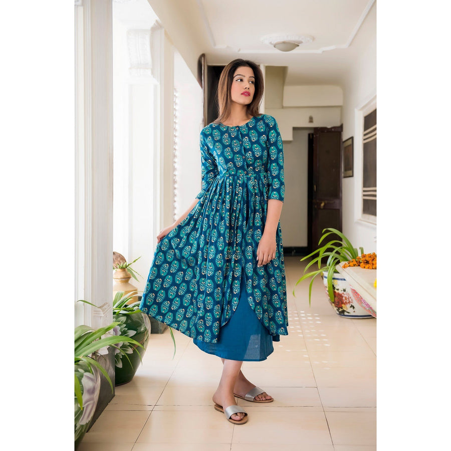 Turquoise Long Slit Block Printed Maxi Dress With Golden Motifs