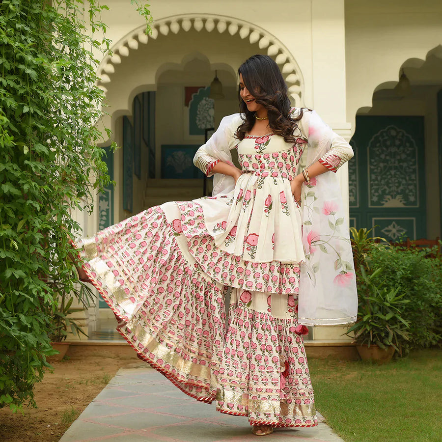 Sharara Suit Set with exotic prints and gota laces – Gulabi Silk