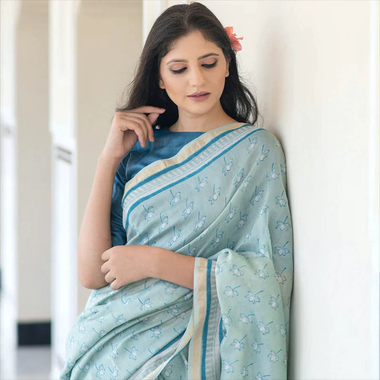 Cadet Blue Chanderi Sari In Lotus Print