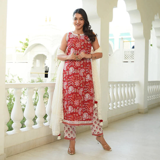Indian Red White Handblock Stright Suit Set