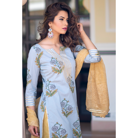 Grey Gota Work Block Printed Kurta Palazzo Set