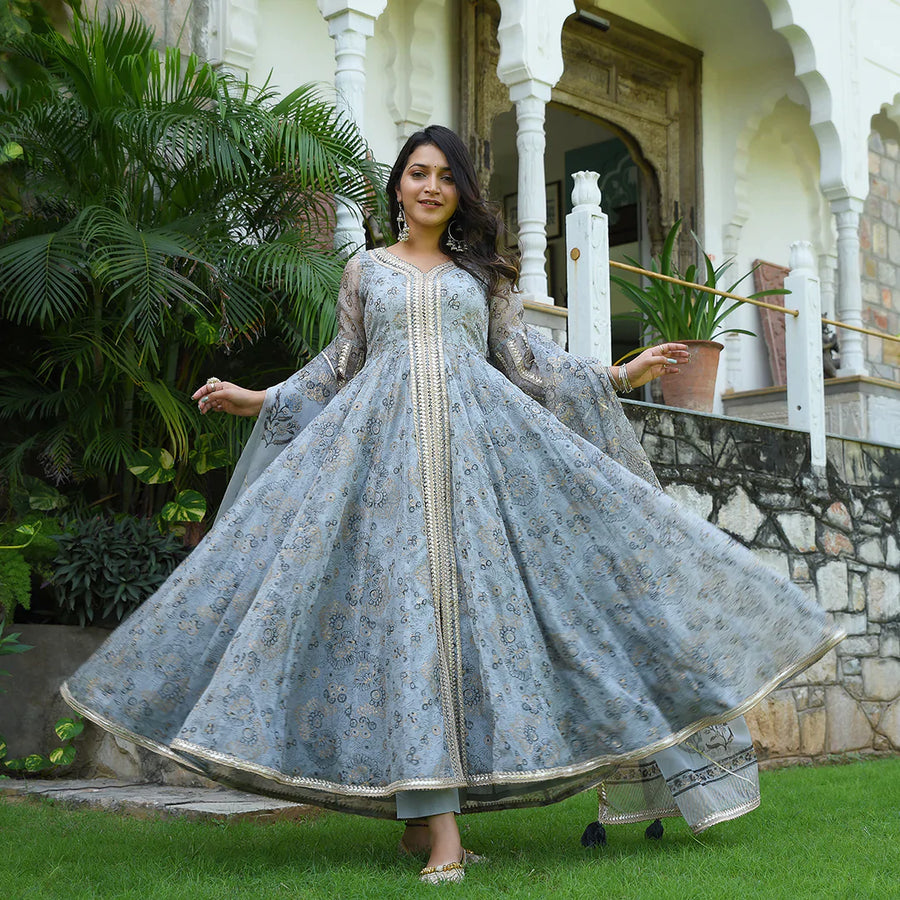 Grey gold Evening Garden organza Anarkali