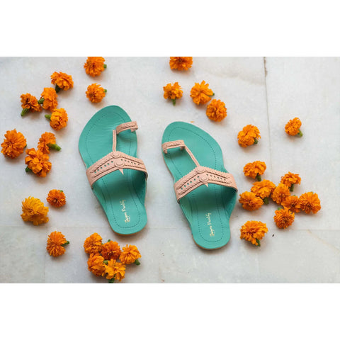Turquoise & Pink Handcrafted Two-Tone Kolhapuris