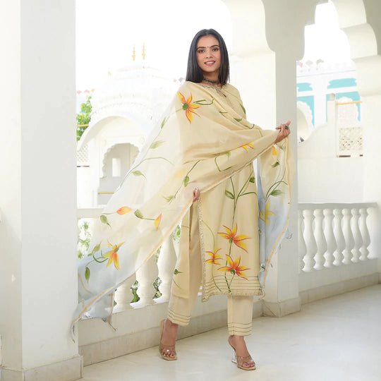 Beige Hand Painted Straight Suit Set