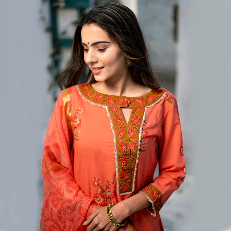CORAL RED MARIGOLD COTTON SUIT