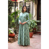 Hand Block Printed Button Maxi Dress In Green