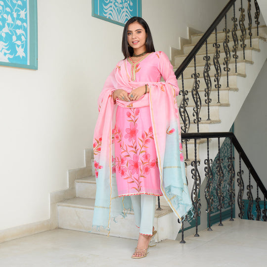 Hot Pink Hand Painted Straight Suit Set