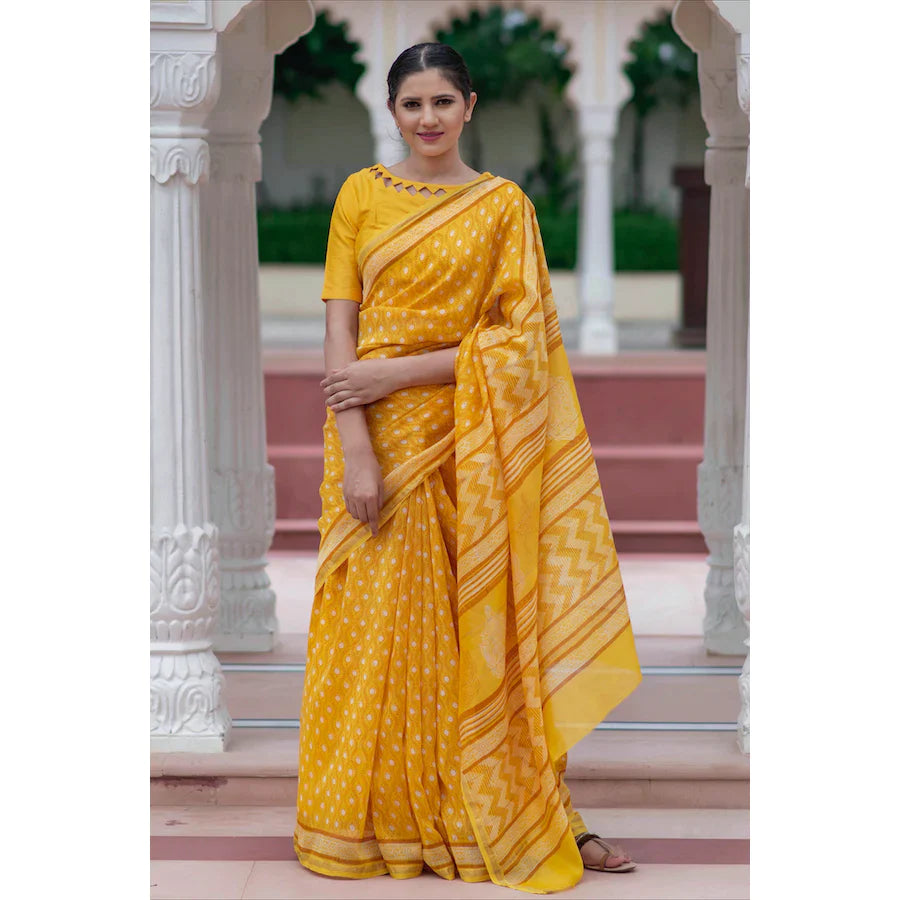 Yellow Block Printed Chanderi Sari