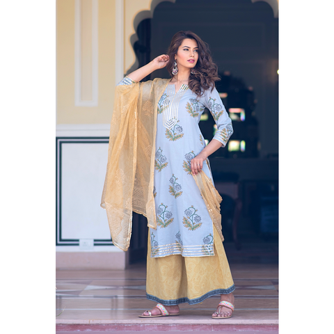 Grey Gota Work Block Printed Kurta Palazzo Set