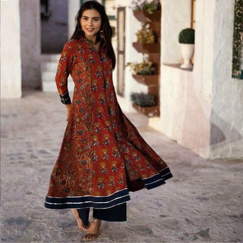 INDIAN RED PRINCESSLINE FLORAL KURTA SET