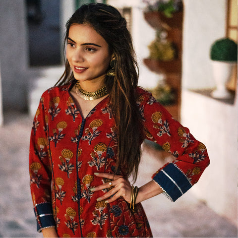 INDIAN RED PRINCESSLINE FLORAL KURTA SET