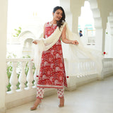 Indian Red White Handblock Stright Suit Set