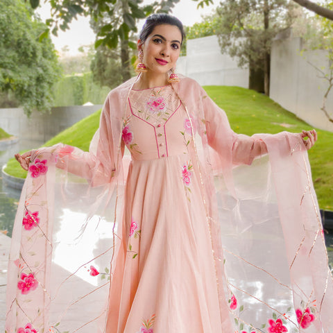 DUSTY ROSE WEDDING HANDPAINTED ANARKALI SUIT