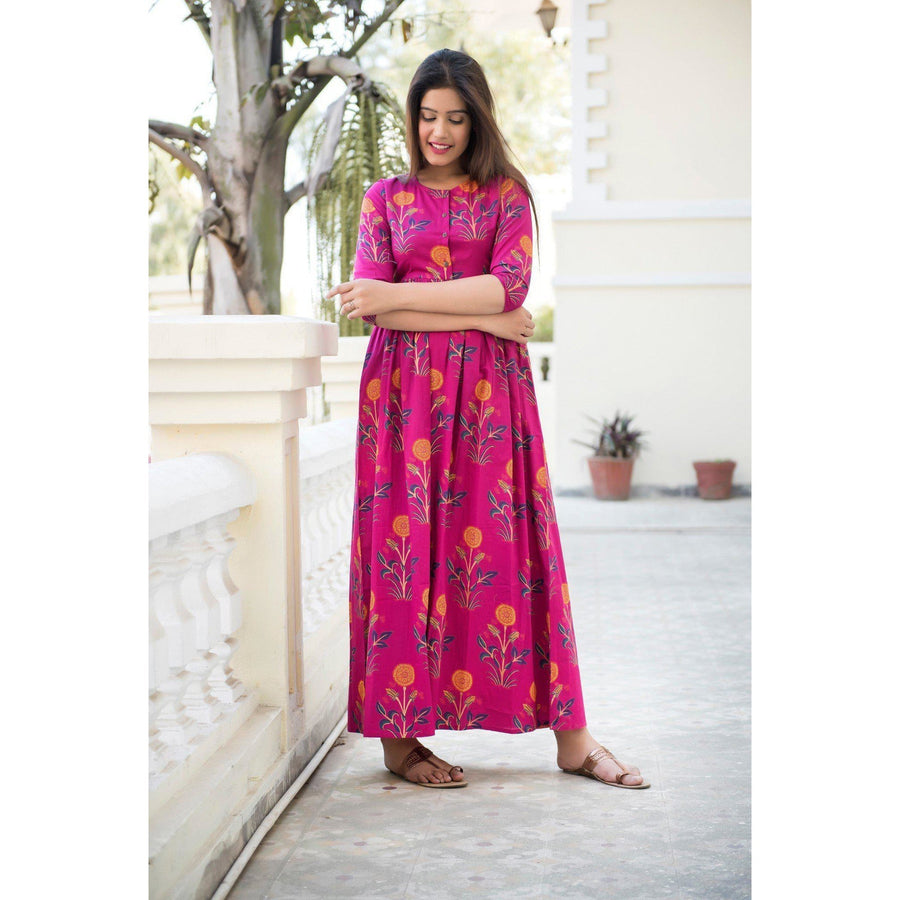 Block Printed Mughal Butta Maxi Dress In Pink