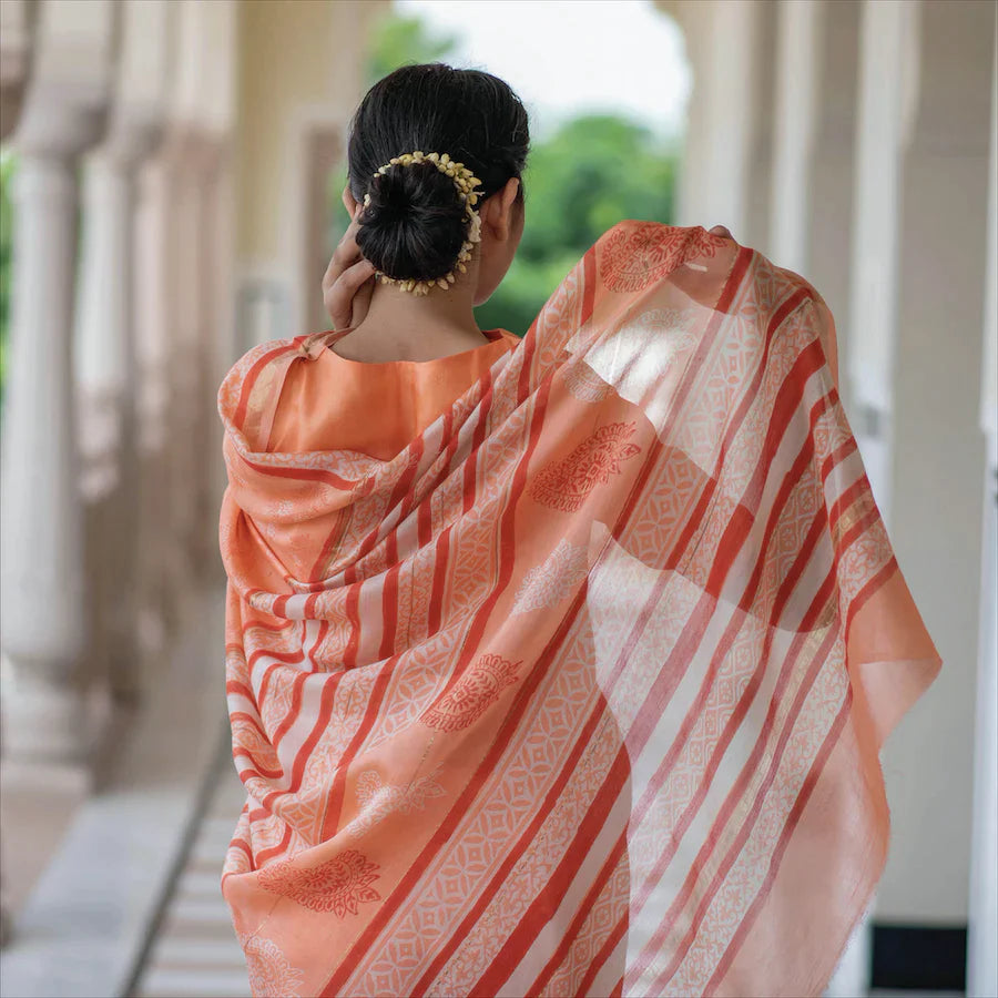Peach Block Printed Chanderi Sari