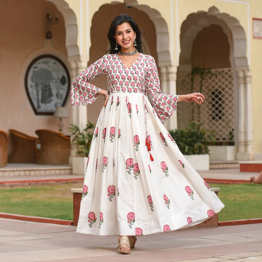 Buy White Hand Block Printed Cotton Angrakha Dress with Peach Dupatta Set  of 2  SKD70909MPRT2  The loom
