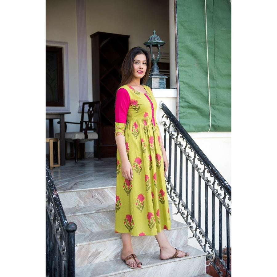Block Printed Mughal Butta Short Patch Maxi Dress In Green