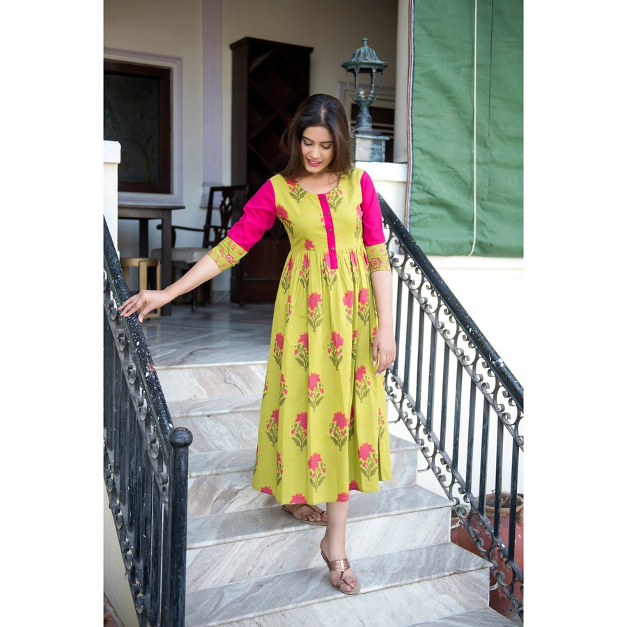 Block Printed Mughal Butta Short Patch Maxi Dress In Green