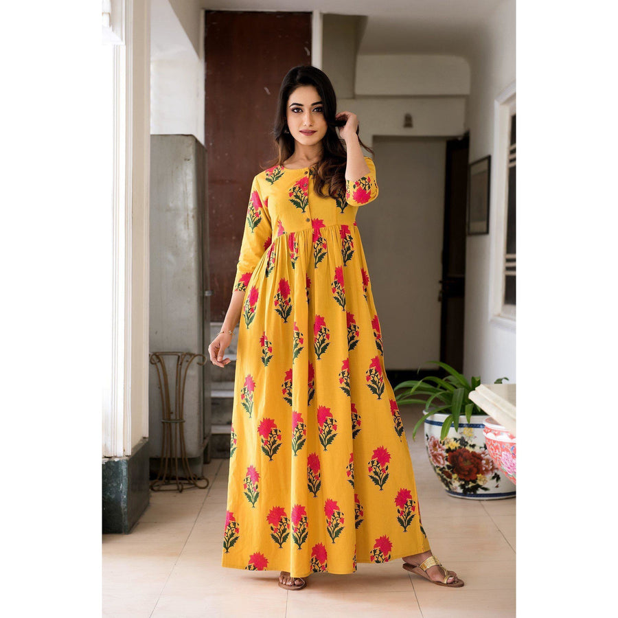 Block Printed Mughal Butta Maxi Dress In Yellow