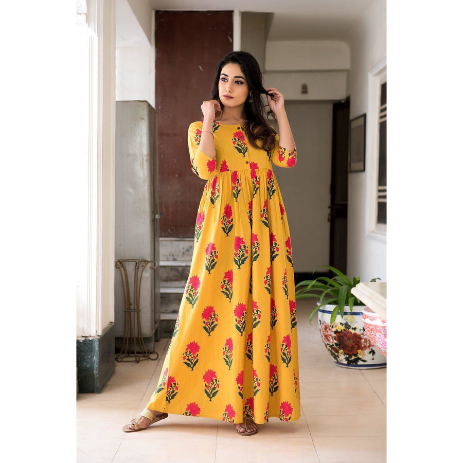 Block Printed Mughal Butta Maxi Dress In Yellow
