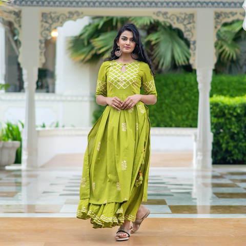 Green Gota Embellished Kurta Lehenga Set